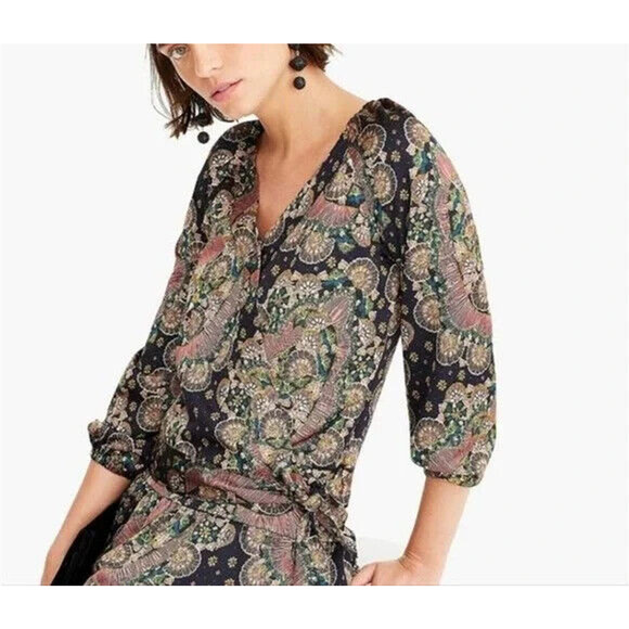 Point Sur J.Crew Paisley Satiny Crepe Wrap Tie Blouse Size XS Long-Sleeve Top - Picture 1 of 6